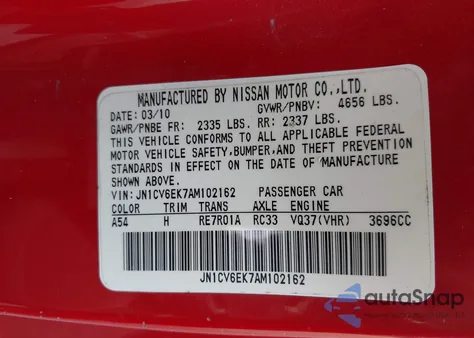 2010 Infiniti G37 Journey from USA, damaged, VIN JN1CV6EK7AM102162